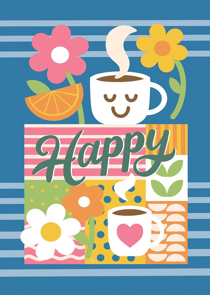 Happy Coffee and Flowers Illustration