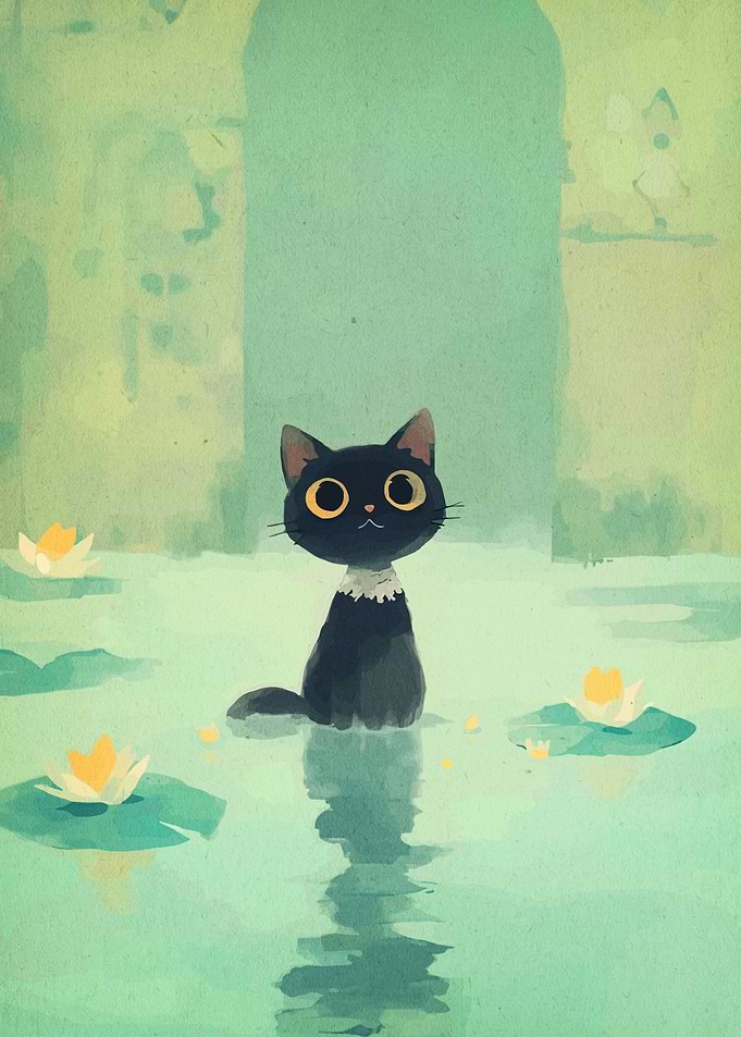 Black Cat in Water Lily Pond