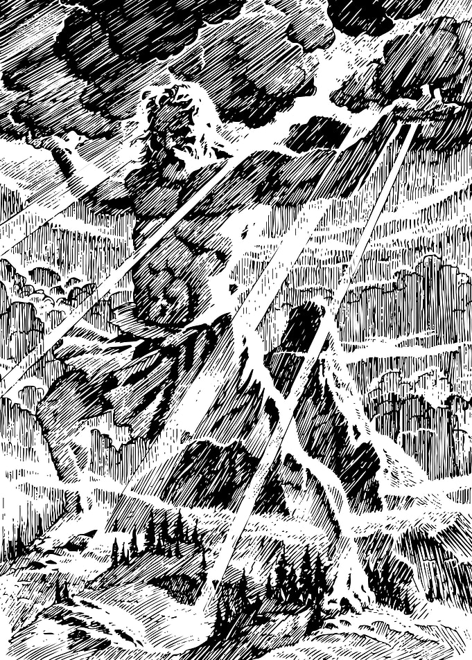 Zeus unleashing lightning in black and white