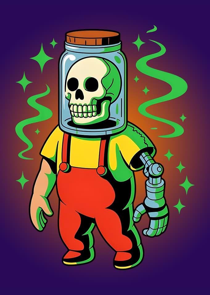 Cartoon Robot with Skull Head