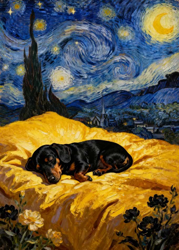 Dachshund Sleeping Under Starry Night Sky