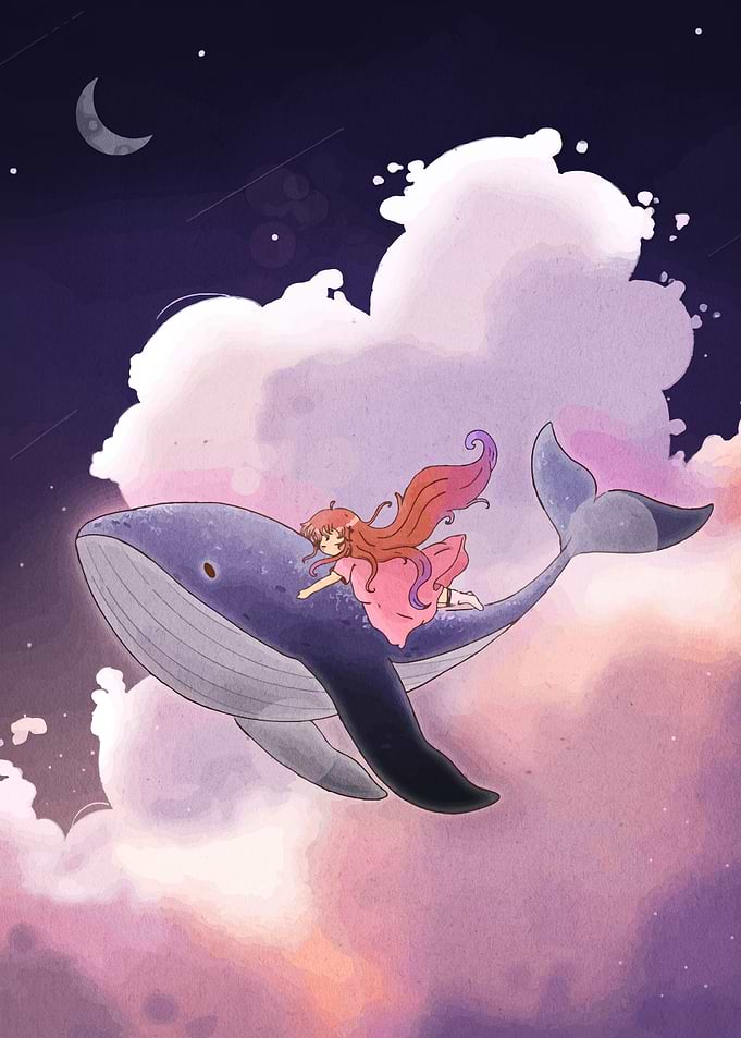 Girl riding a whale in the sky