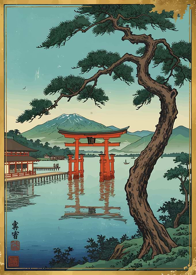 Japanese Landscape with Torii Gate