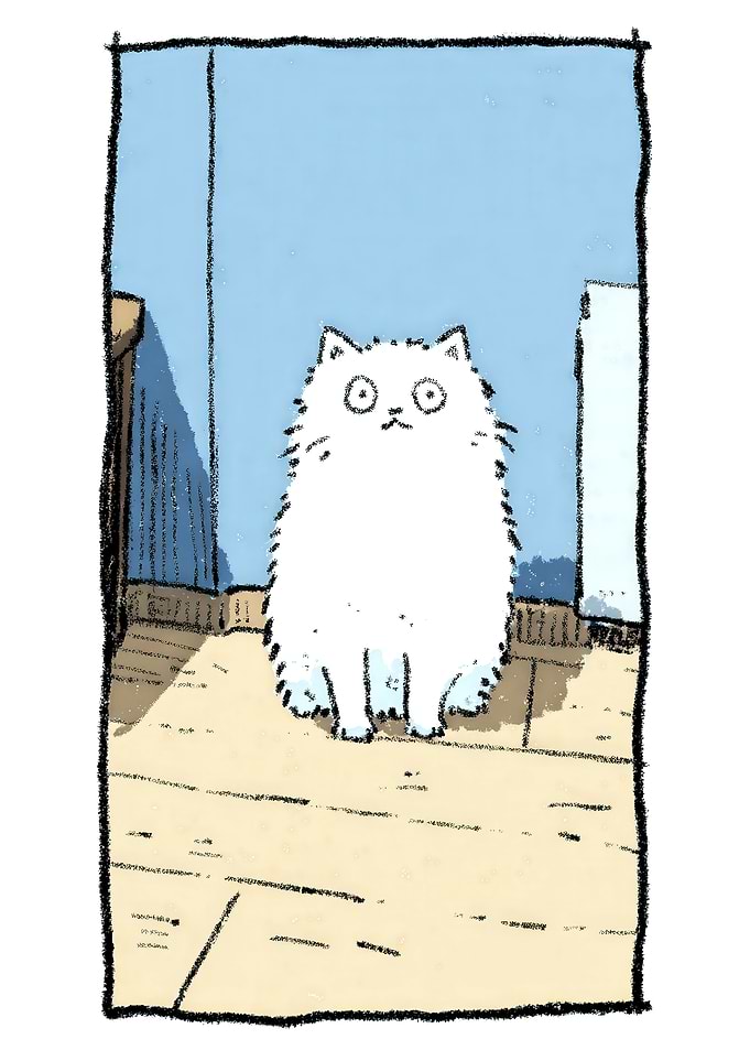 Cartoon White Cat in Room