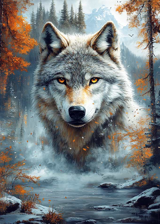 Wolf Portrait in Autumn Landscape