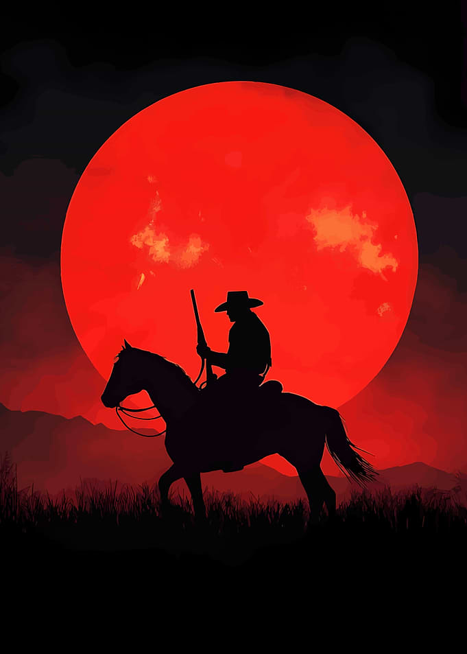 Cowboy Silhouette Under Red Moon