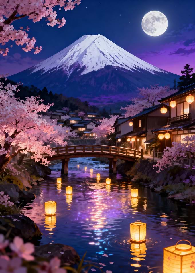 Mount Fuji Cherry Blossoms Night