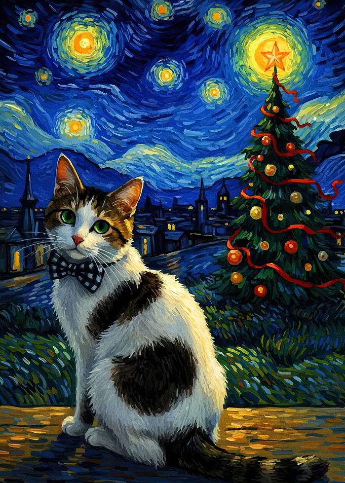 Christmas Cat in Van Gogh Style