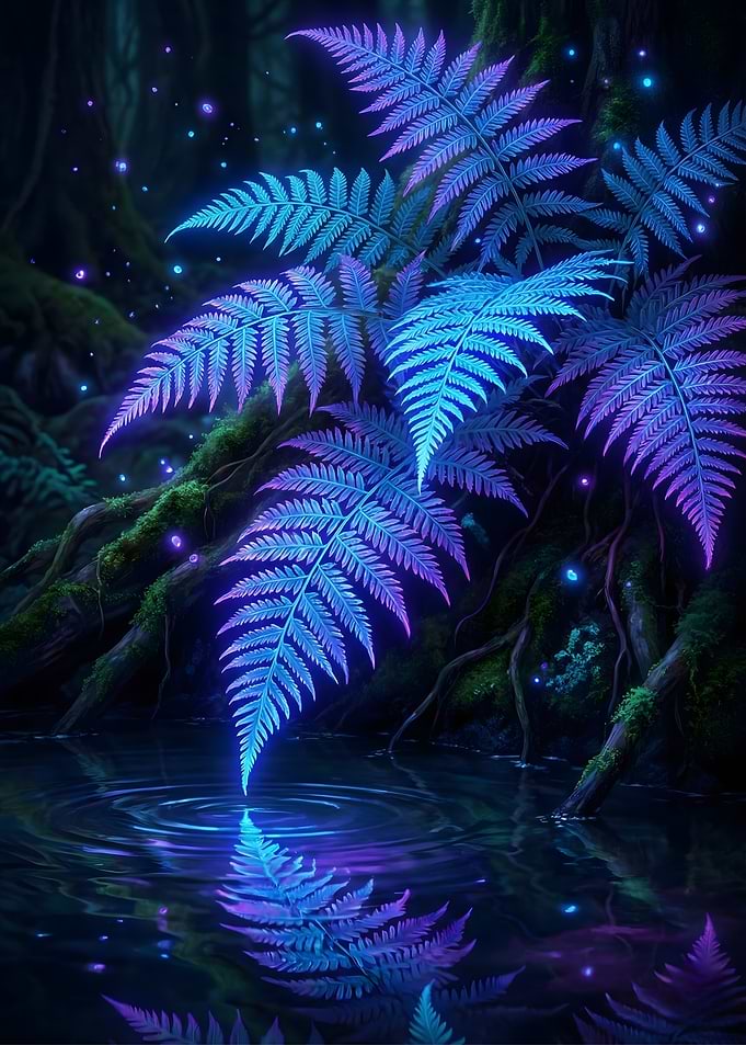 Neon Glowing Ferns in Dark Forest