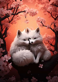 Two White Foxes Under Cherry Blossoms