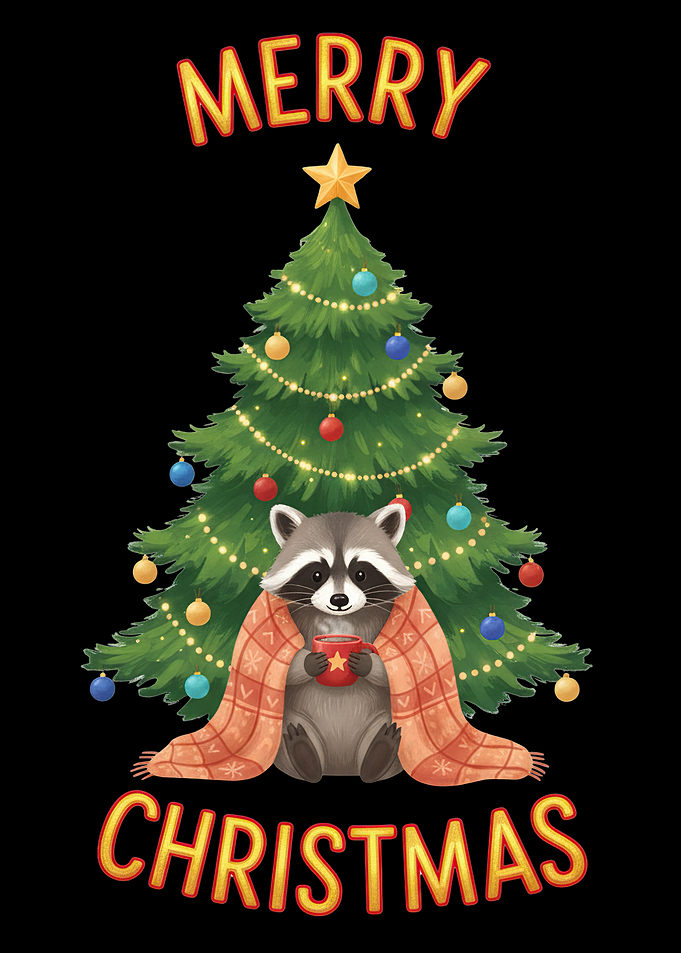 Merry Christmas Raccoon with Christmas Tree