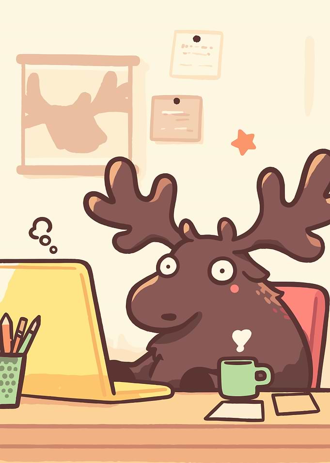 Cartoon Moose Working at Desk