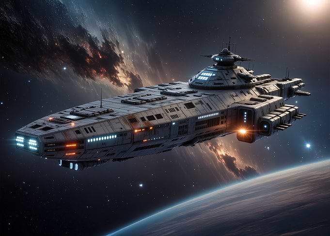 Futuristic Spaceship Orbiting a Planet