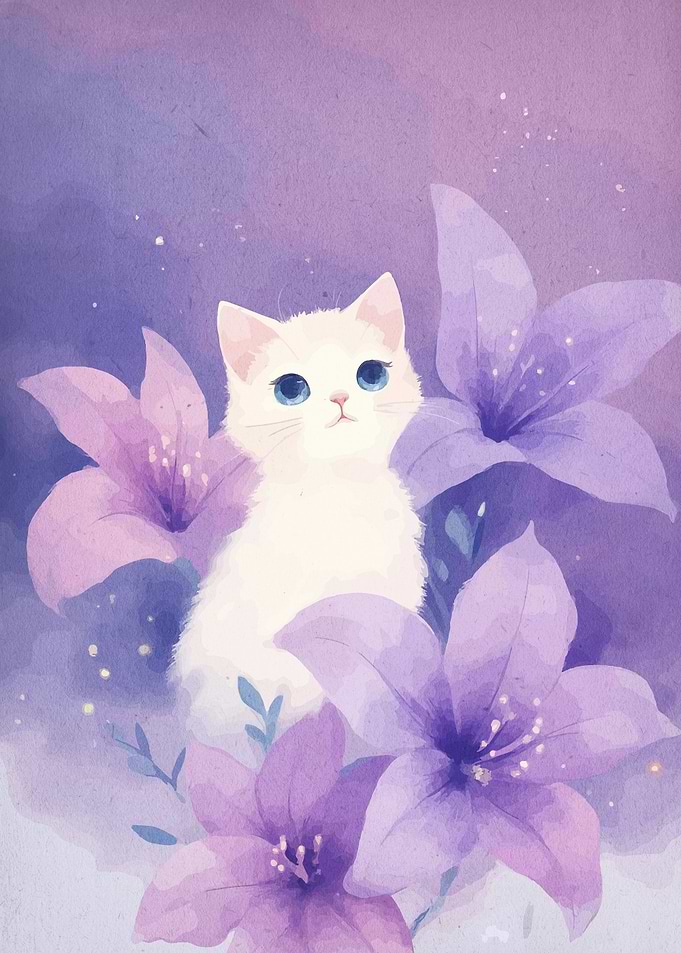 White Cat with Purple Flowers