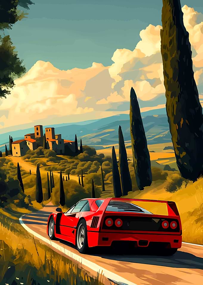 Red Car in Tuscany Landscape