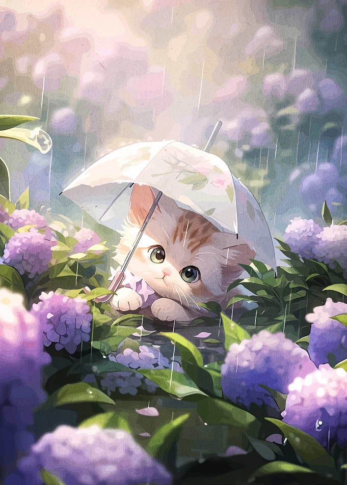 Cute Kitten Under Umbrella in Rain
