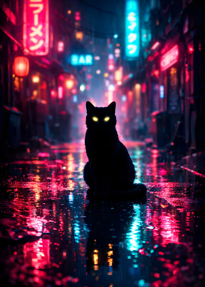 Black Cat in Neon Cityscape