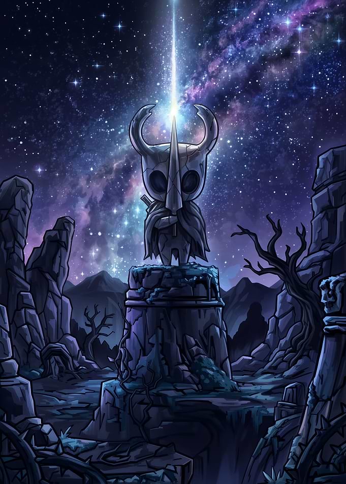 Hollow Knight Statue Under Starry Sky