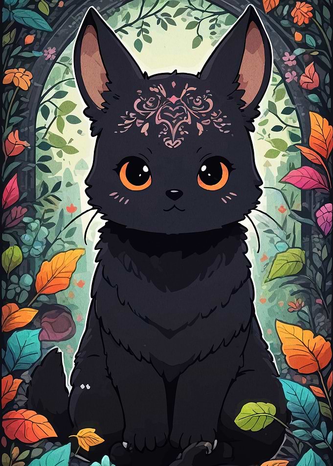 Cute Black Cat in Floral Archway