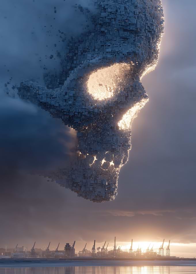 Digital Skull Over Cityscape