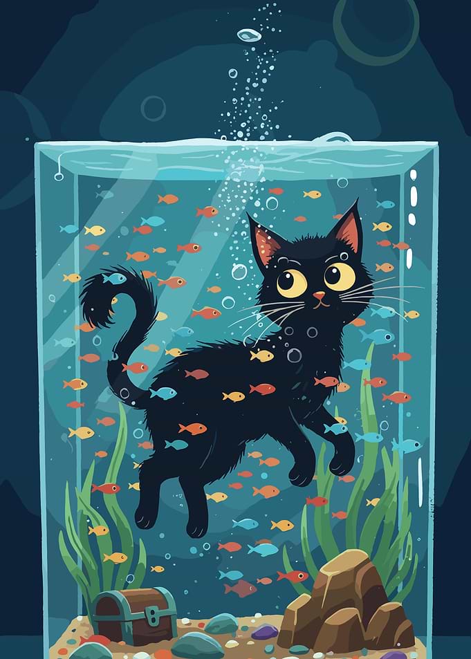 Cat in Aquarium with Fish
