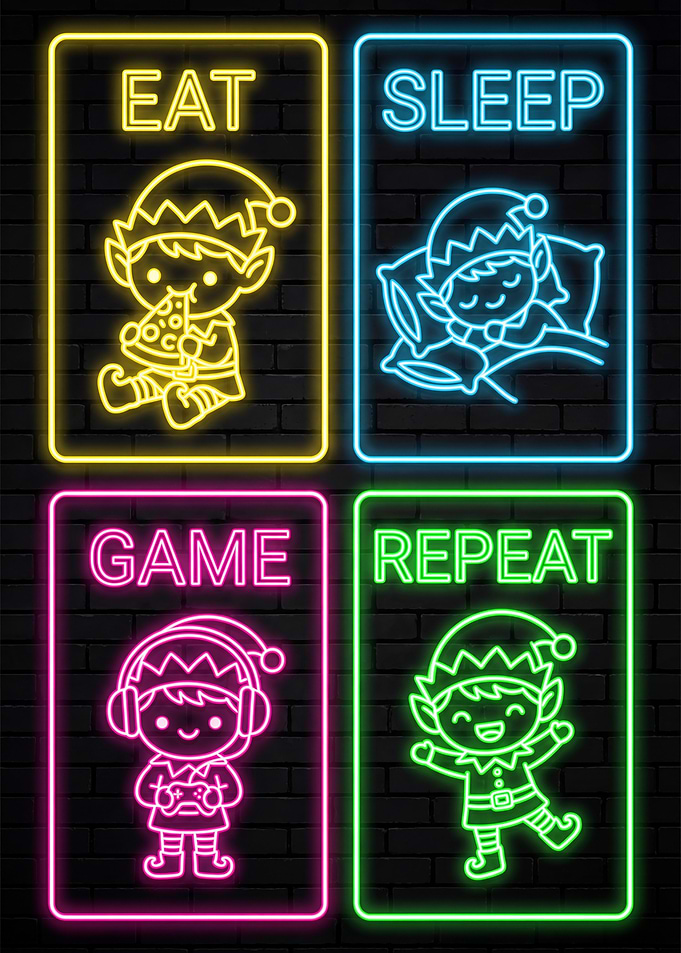 Eat Sleep Game Repeat Elf Neon