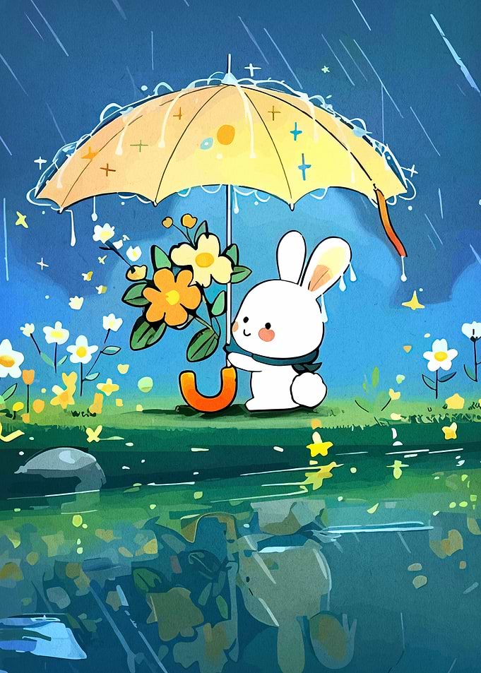 Cute Rabbit Under Umbrella in Rain
