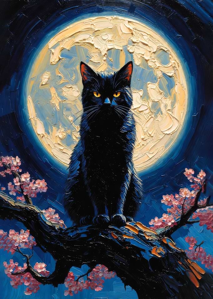 Mysterious Black Cat Impasto Painting Under Full Moon
