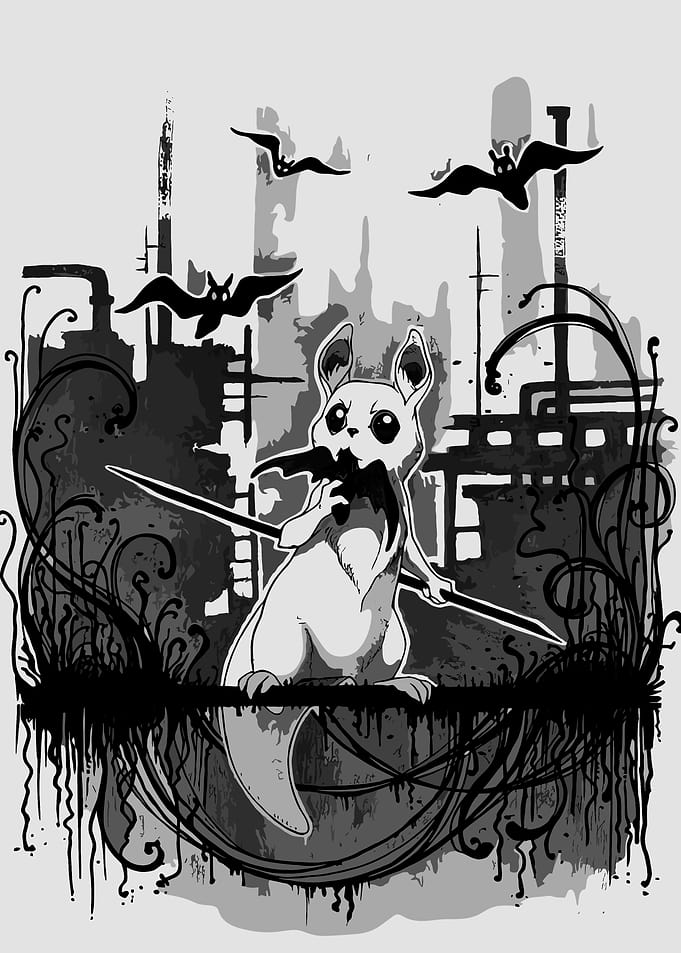 Squirrel with Bat in Mouth Illustration