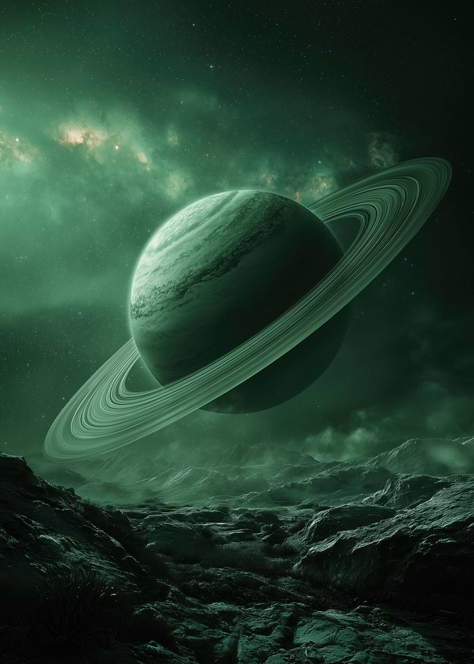 Green Saturn on Rocky Planet Surface