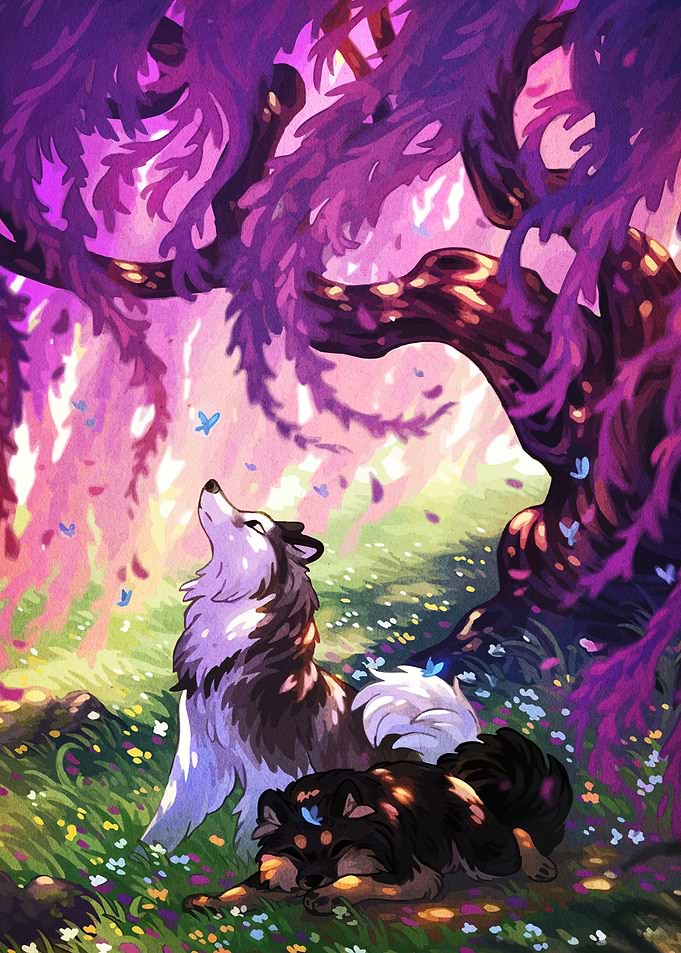 Dogs under a purple tree