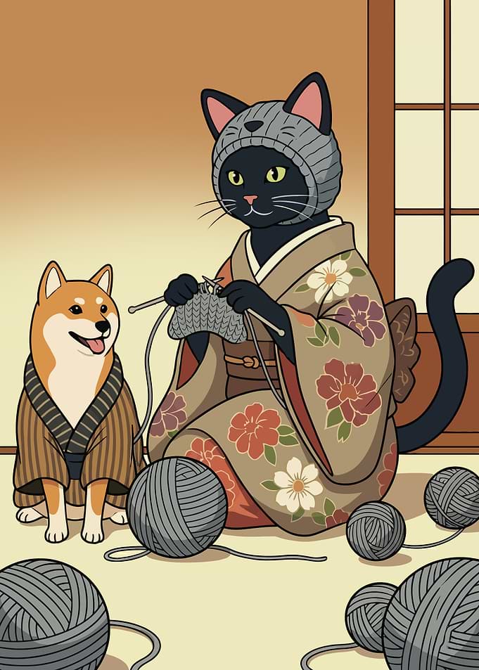 Cat knitting with Shiba Inu friend