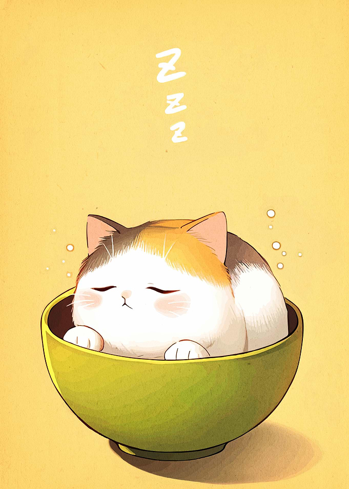 Sleeping Cat in Bowl Illustration