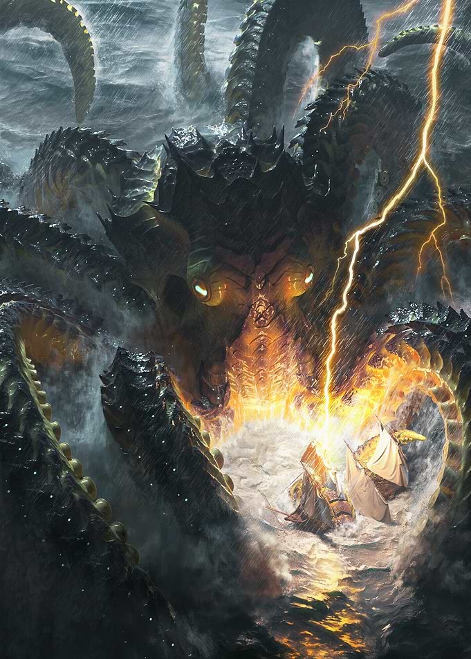 Kraken attacking ship with lightning