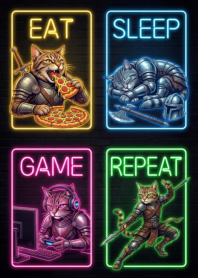 Eat Sleep Game Repeat Cat Posters
