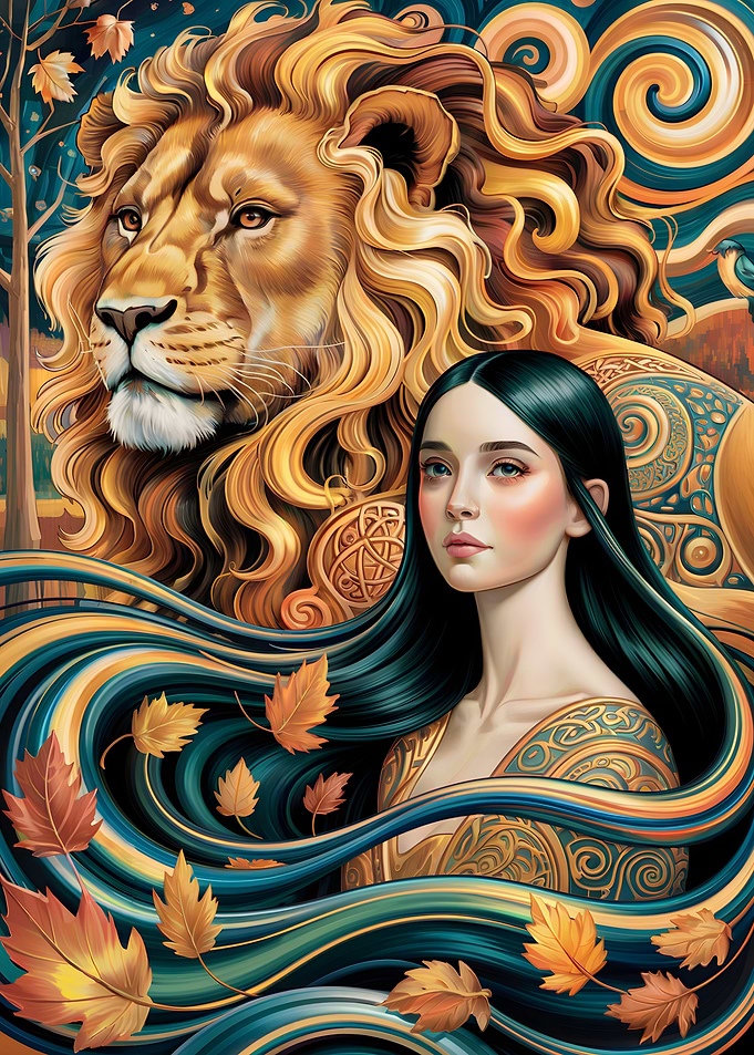 Lion and Woman with Autumn Leaves