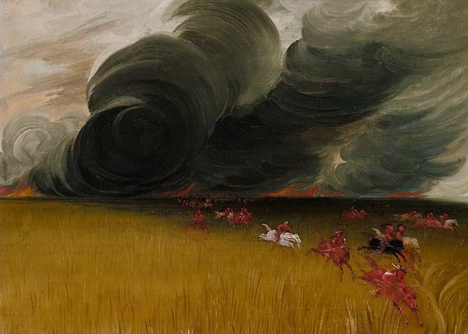 Prairie Fire and Riders Painting by George Catlin