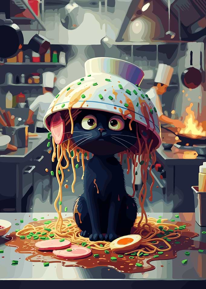 Cat with Ramen Bowl Hat