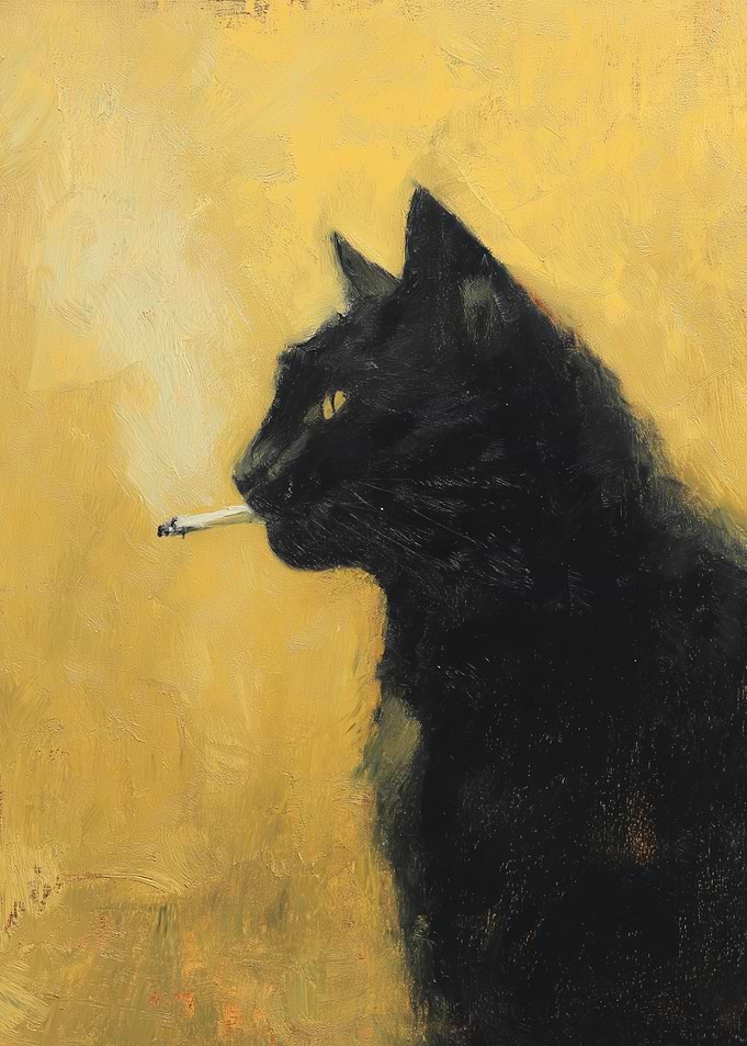 Smoking Black Cat Painting