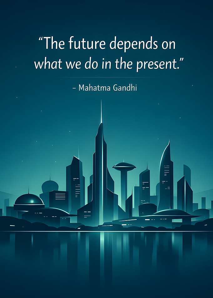 Futuristic Cityscape with Gandhi Quote