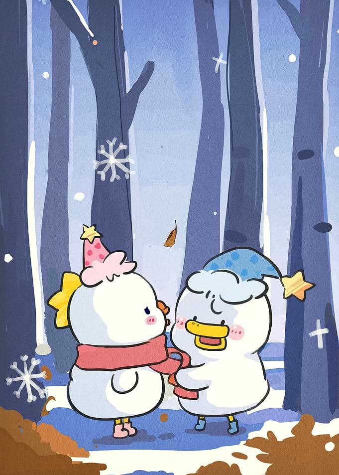 Winter Ducks in Snowy Forest Illustration
