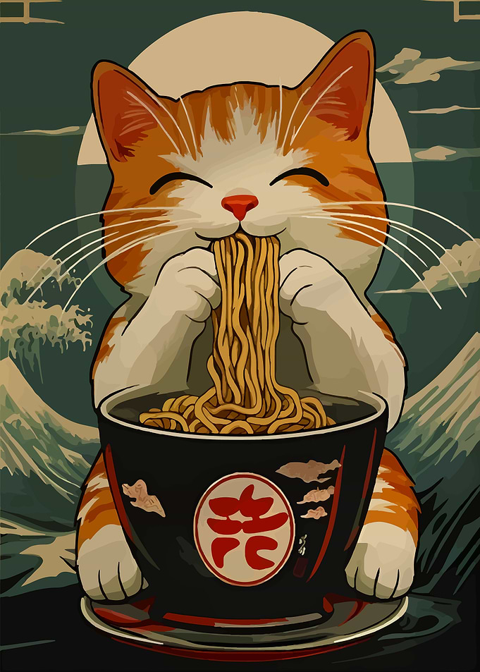 Cat Eating Ramen Noodles Illustration