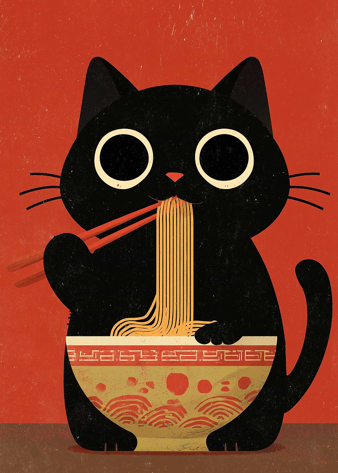 Black Cat Eating Ramen Illustration