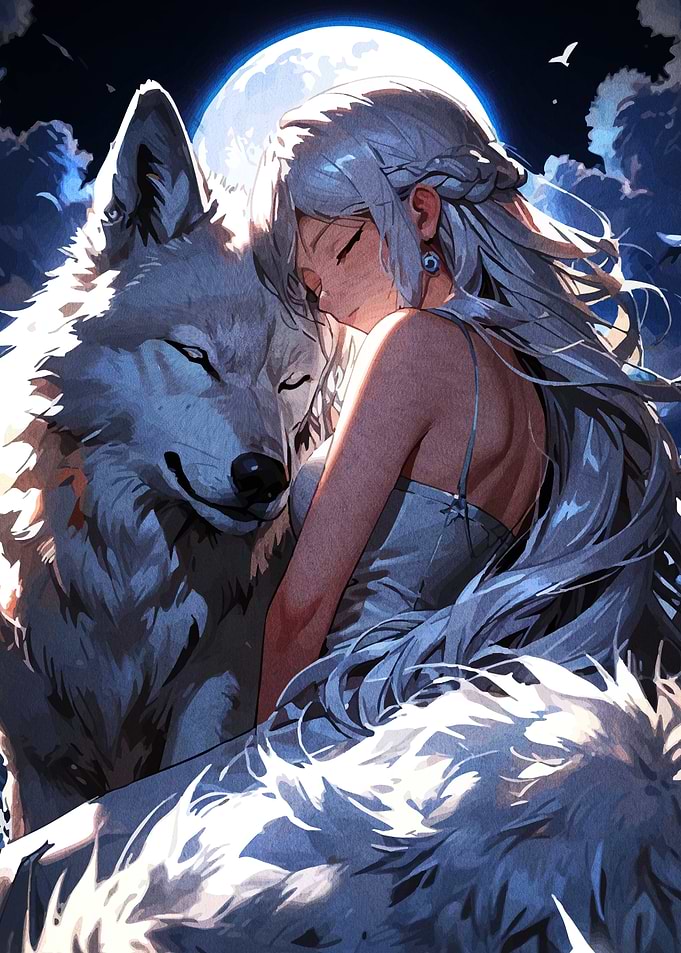Anime Girl with Wolf under Moonlight