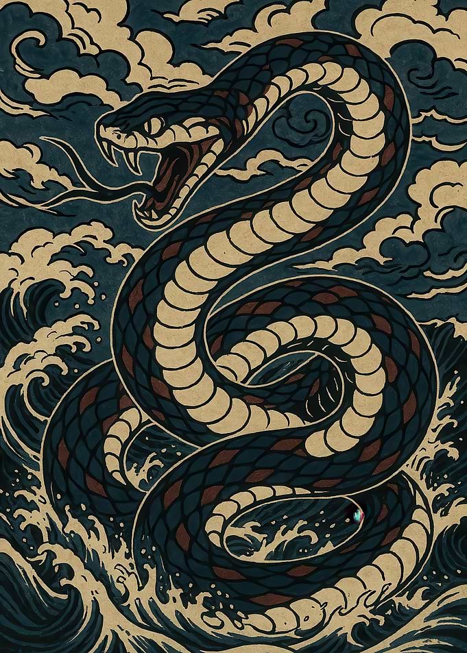 Snake Shio in Waves and Clouds
