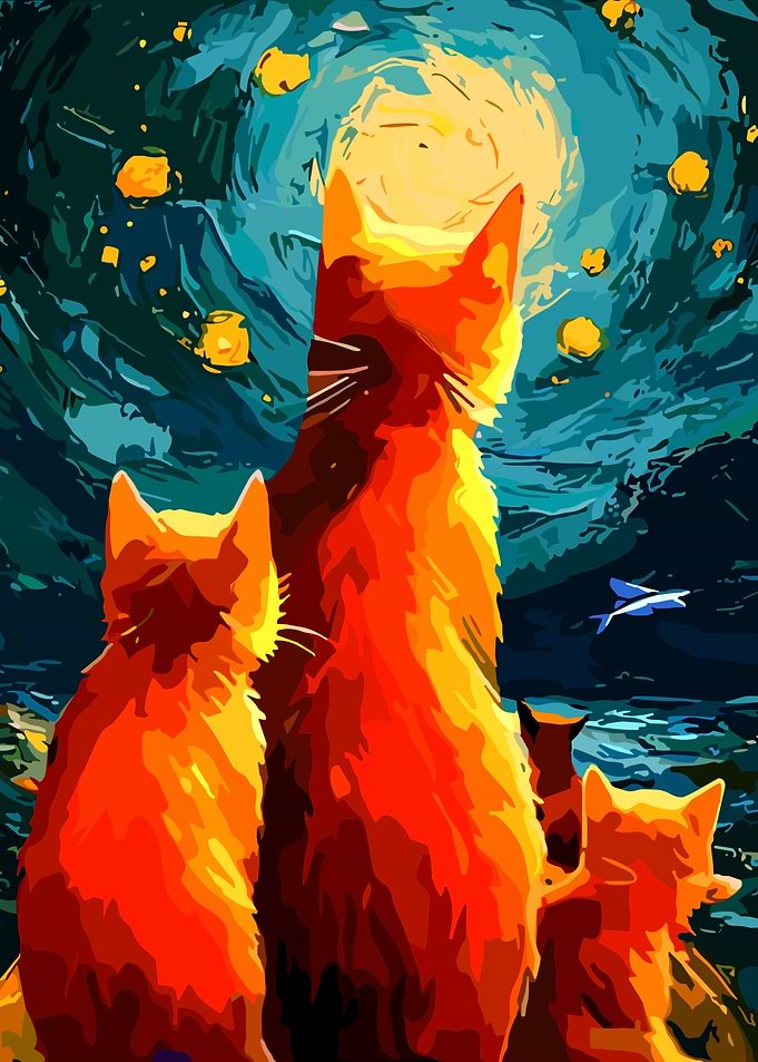 Cats under Starry Night Sky Painting