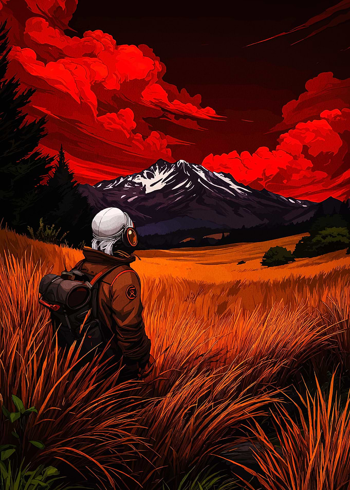 Astronaut in Field with Mountain View