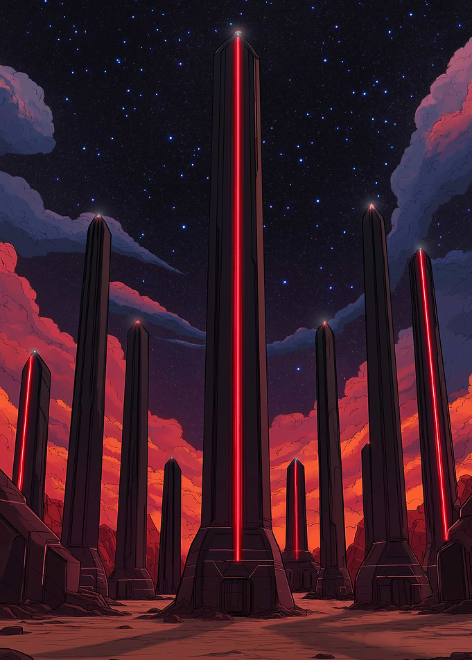 Monoliths with Red Beams at Night