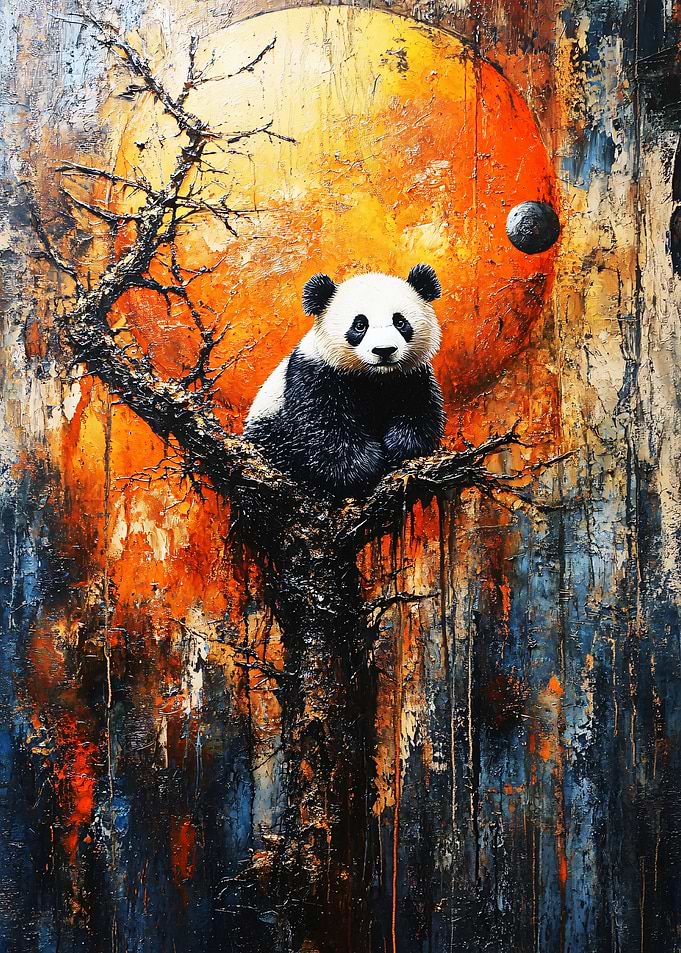 Panda in Tree with Orange Sun
