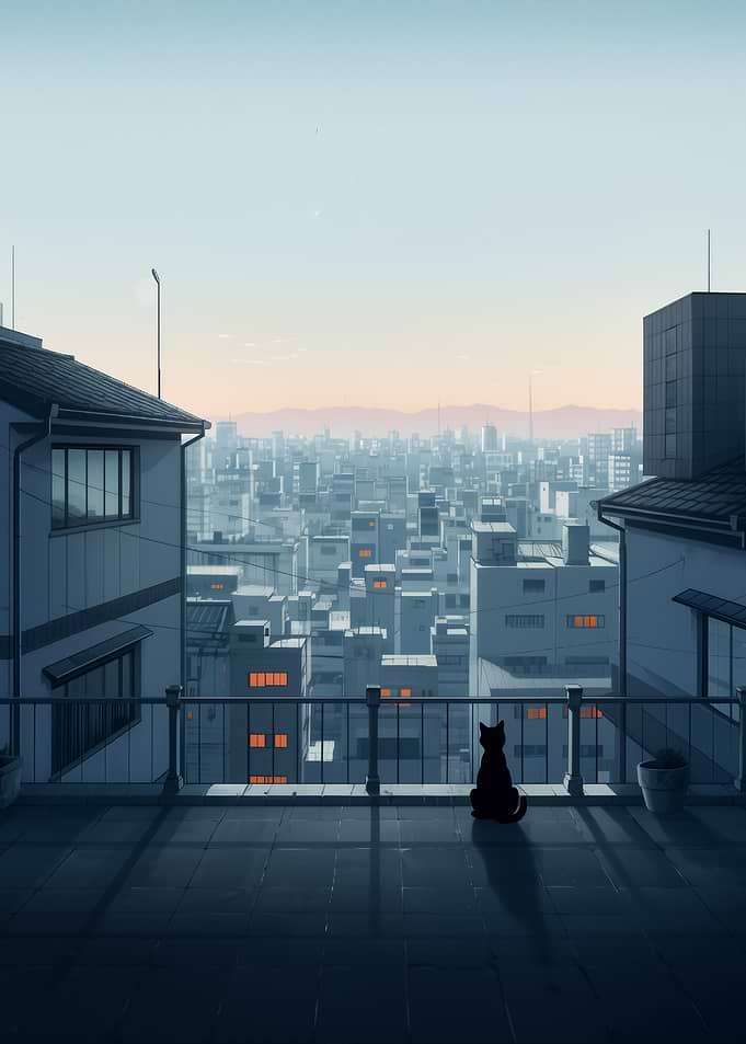 Cat gazing at cityscape from balcony